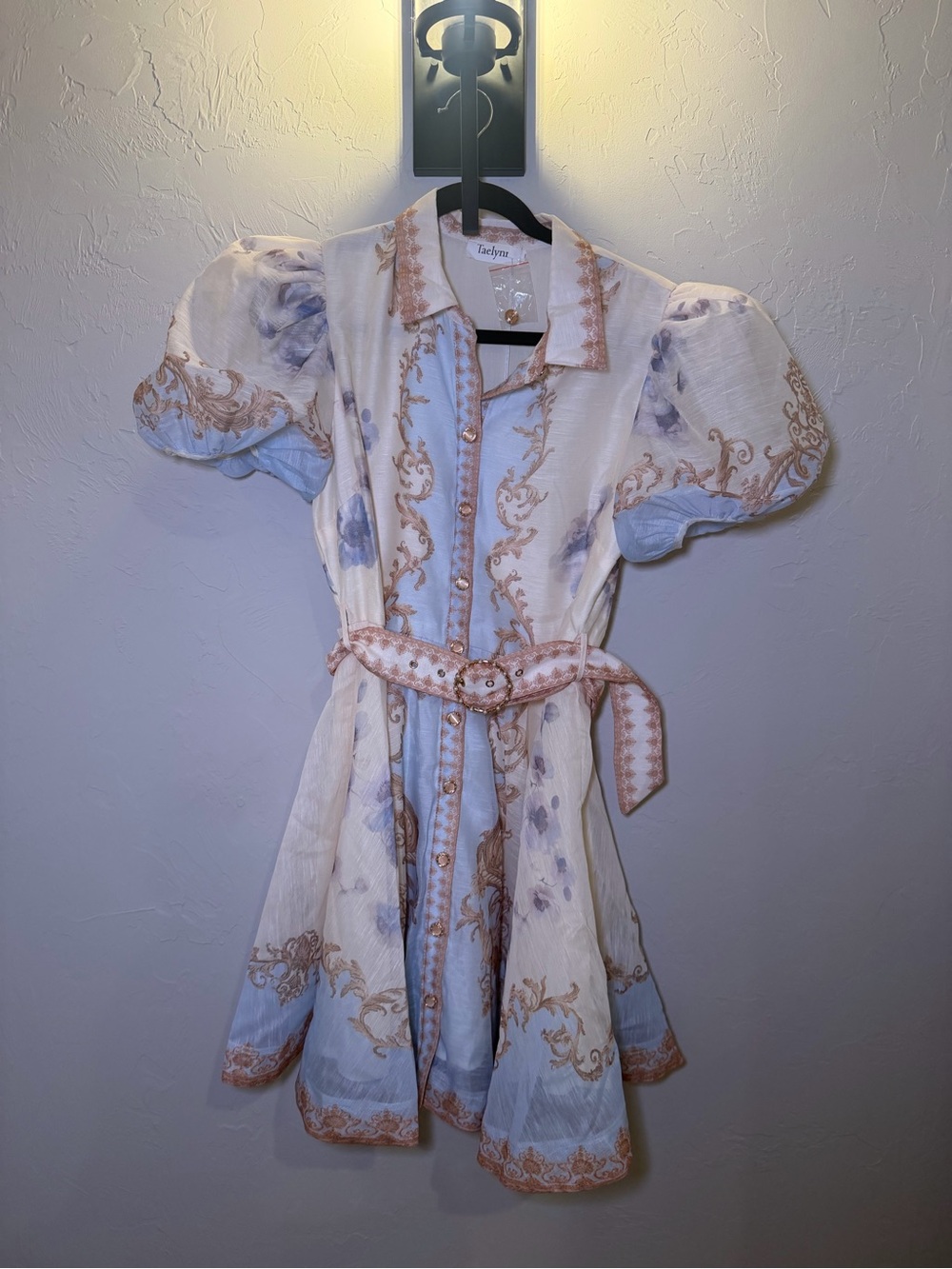 Button-Front Puff Sleeve Dress in Cream and Blue